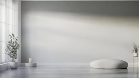 Spacious indoor area featuring soft natural light filtering through large windows. The room showcases minimalist design with a round cushioned seat plants and subtle decor for a serene atmosphere.の素材