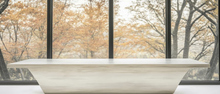 A sleek minimalist table is prominently displayed in a spacious room featuring large windows that offer a panoramic view of vibrant autumn trees. Soft natural light enhances the peaceful atmosphere.の素材