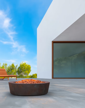 A sleek fire pit filled with stones is situated in a modern outdoor area. Surrounding the fire feature are minimalistic design elements and greenery creating a serene atmosphere on a clear day.の素材