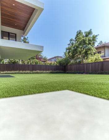 Lush green artificial grass fills the backyard beneath a modern home with unique architecture. Sunlight brightens the scene highlighting the clean lines and serene environment.の素材