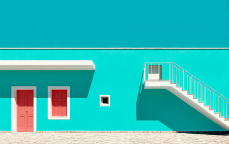 A vibrant turquoise building features two red doors and a sleek white staircase. The clear blue sky complements the architectural design creating a visually striking atmosphere.の素材