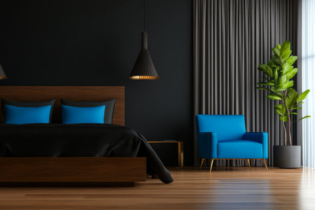 This stylish bedroom features a black bed frame with blue pillows a cozy blue armchair and large windows with gray curtains. Sleek lighting enhances the modern decor creating a tranquil atmosphere.の素材