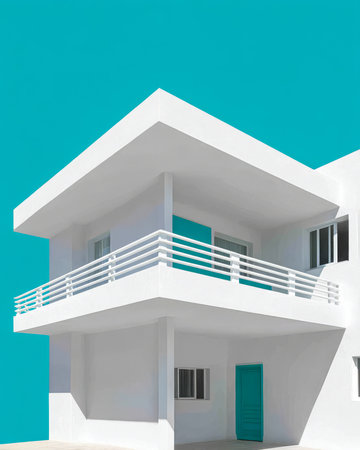 This structure showcases a modern design with sharp lines and a minimalist aesthetic. A white exterior highlights the vibrant turquoise door and balcony railings under clear blue skies.の素材