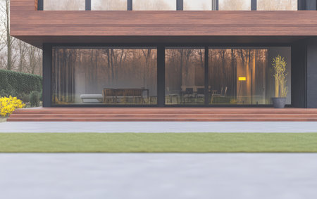 A contemporary wooden house features expansive glass windows showcasing a cozy interior. The backdrop is a tranquil forest at sunset creating a serene atmosphere.の素材