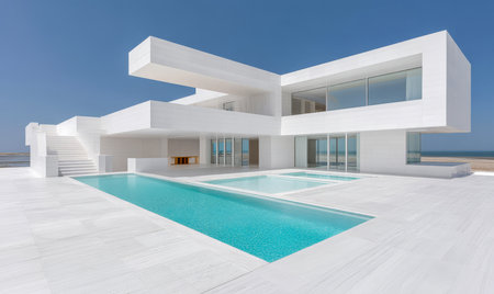 A sleek contemporary white villa overlooks the ocean featuring multiple glass walls a spacious pool deck and an inviting swimming pool. Clear skies enhance the tranquil atmosphere.の素材