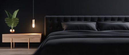 A beautifully arranged bedroom featuring a dark color scheme with a comfortable bed stylish nightstand and lush plant.の素材