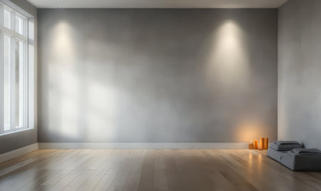 An empty room features large windows allowing natural light to illuminate the space. Smooth gray walls and a warm wooden floor enhance the minimalist aesthetic creating a tranquil atmosphere.の素材