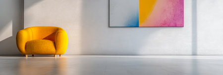 A vibrant yellow armchair is positioned against a white wall featuring abstract art. The artwork combines soft hues of pink and blue creating a lively atmosphere in the minimalist setting.の素材