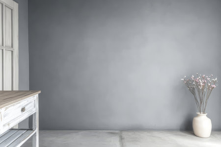 A minimalist interior showcases a smooth gray wall and a rustic wooden table. A simple white vase holds delicate dried flowers enhancing the serene ambiance of the space.の素材