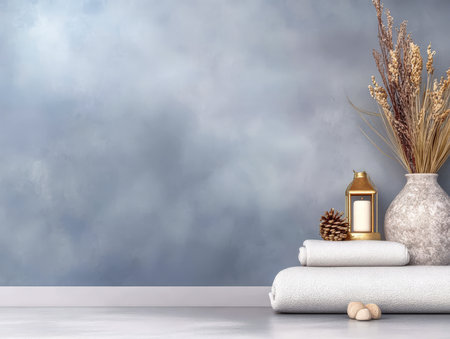 Soft hues create a calming backdrop for neatly stacked towels a decorative vase with dried flowers and a lantern. The peaceful arrangement enhances relaxation in the indoor space.の素材