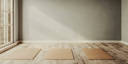 A calm yoga studio features three mats placed evenly on a wooden floor. Natural light streams in through a large window creating a peaceful atmosphere for practice and meditation.の素材