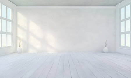 A large empty room features bright natural light pouring through multiple windows. The minimalist decor includes two simple vases on the floor highlighting the spaciousness and openness of the area.の素材