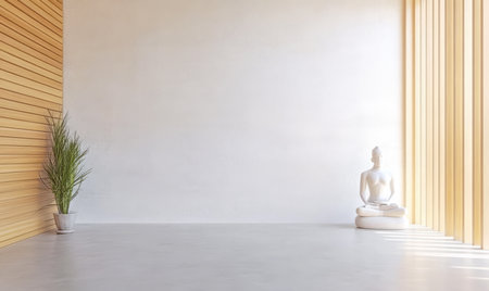 A serene interior space showcases a white Buddha statue seated in meditation surrounded by natural light and wooden accents. A potted plant adds a touch of greenery to the calming environment.の素材