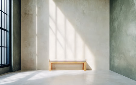 A modern minimalist interior features a wooden bench against a textured wall. Soft sunlight streams through large windows creating highlights in the serene space.の素材