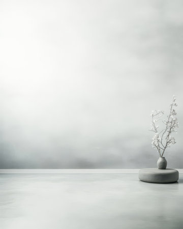 A sleek round vase holds delicate branches resting on a smooth surface. The background features soft muted tones that enhance the minimalist aesthetic creating a serene atmosphere.の素材