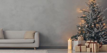 A beautifully decorated Christmas tree stands in a stylish living room adorned with lights and ornaments. Wrapped gifts are neatly arranged nearby creating a warm holiday atmosphere.の素材