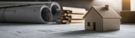 A wooden model house sits on top of construction blueprints surrounded by rolled plans and wooden beams.の素材