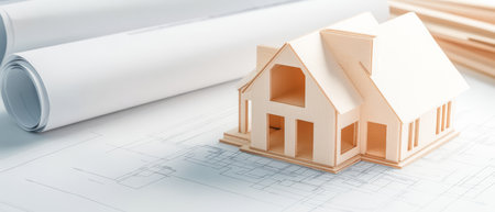 A small model house sits atop detailed architectural sketches. Adjacent rolled blueprints and wooden sticks hint at ongoing construction or design planning.の素材