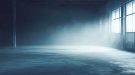 Soft fog envelops an abandoned industrial area illuminated by daylight streaming through dusty windows. The floor reflects the hazy light creating a serene yet eerie ambiance.の素材