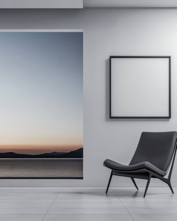 A contemporary room features a modern chair beside a large window showing a tranquil seascape at dusk. The sky transitions through soft hues creating a calming atmosphere.の素材