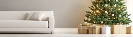 A modern living room features a beautifully decorated Christmas tree adorned with lights and ornaments. Wrapped presents sit neatly underneath the tree enhancing the festive atmosphere.の素材