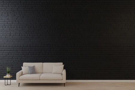 A cozy living room features a light-colored sofa against a textured black brick wall. A small side table holds a potted plant enhancing the minimalist aesthetic of the space.の素材