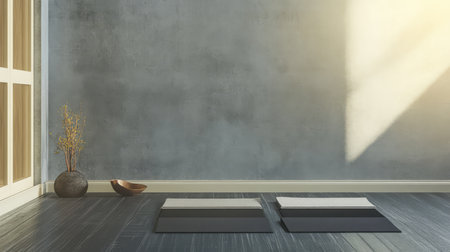 A tranquil yoga space features two mats placed on a smooth wooden floor illuminated by soft daylight entering through a window. Decorative elements include a bowl and a vase on the side.の素材