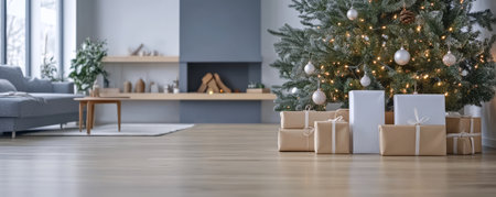 A warm living room features a beautifully decorated Christmas tree adorned with lights and ornaments. Wrapped gifts sit beneath the tree adding to the festive atmosphere.の素材