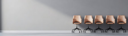 Five stylish chairs with a leather finish are lined up against a gray wall. Natural light highlights the contemporary design creating a simple yet elegant atmosphere in the room.の素材