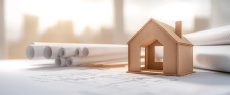 A wooden model of a house sits on top of architectural blueprints. Rolled blueprints are scattered around hinting at ongoing construction details in a bright softly lit environment.の素材