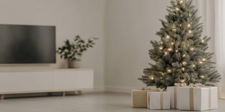 A cozy living room features a beautifully lit Christmas tree adorned with soft lights. Several wrapped gifts are placed underneath the tree enhancing the festive atmosphere.の素材