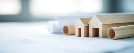 Wooden house models are placed on architectural blueprints in a well-lit workspace. This setup reflects the design and planning phase for construction projects.の素材