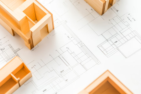 Small wooden architectural models rest on top of detailed blueprints showcasing design plans. This setup highlights the creative process in modern architecture and model experimentation.の素材