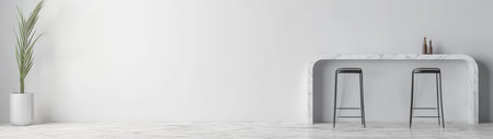 Spacious modern interior featuring a white marble bar with two sleek black stools. A tall plant adds a touch of greenery enhancing the minimalist aesthetic of the design.の素材
