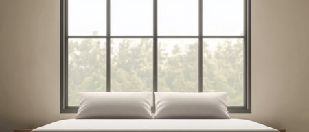 A spacious bedroom features a large window with a view of lush greenery outside. Two white pillows sit neatly on the bed enhancing the calm and tranquil atmosphere.の素材