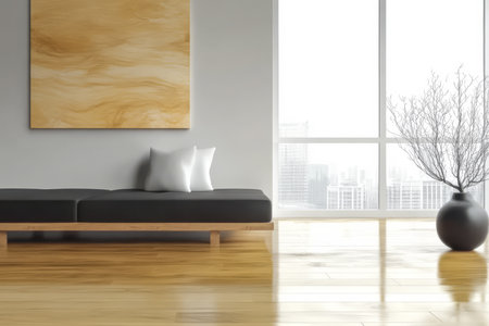Spacious living room features a dark sofa with white cushions wooden flooring and a large artwork on the wall. A decorative plant adds elegance next to the bright window view.の素材