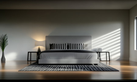 A spacious bedroom features a large bed with striped bedding and wooden floors. Natural light pours in from the window illuminating the modern decor including a plant and sleek nightstands.の素材