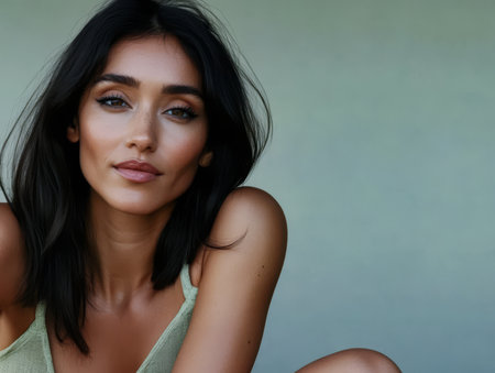 A woman with long dark hair poses with a calm expression while sitting against a softly colored background. Her natural beauty is highlighted capturing simplicity and elegance.の素材