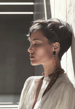 A woman with short hair and statement earrings leans against a concrete wall exuding confidence. Her serene expression and minimalist outfit suggest a thoughtful moment in a contemporary space.の素材