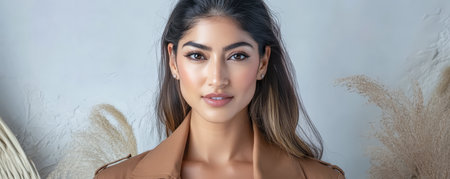 A woman with long flowing hair poses confidently in a stylish outfit against a soft neutral backdrop. The indoor setting features elegant decor creating a calm atmosphere.の素材