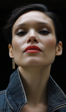 Woman with striking red lipstick and elegant earrings poses confidently highlighting her fashion style. The dark background contrasts with her vibrant look emphasizing her elegance and poise.の素材