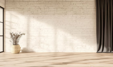 Bright room featuring a light-colored brick wall a tall dark curtain and a woven basket with dried plants. Natural light casts gentle shadows across the wooden floor.の素材