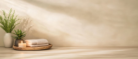 A cozy spa arrangement featuring neatly stacked towels on a wooden tray surrounded by soothing candles and fresh plants. The ambiance promotes relaxation and tranquility in a warm-toned space.の素材