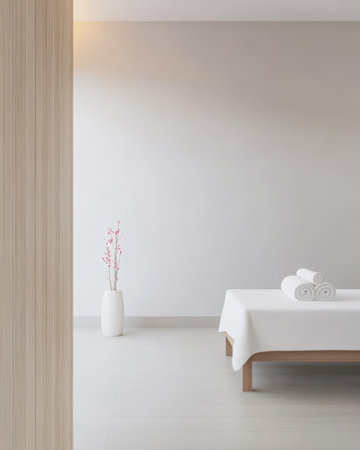 A serene wellness area features a massage table covered with white linens. Simple decor includes a vase with delicate flowers emphasizing tranquility.の素材
