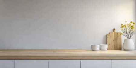 A stylish kitchen countertop features a light wooden surface with simple white bowls a cutting board and a vase of fresh flowers creating an inviting and serene atmosphere.の素材