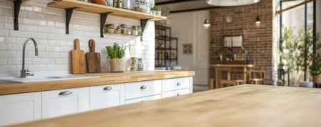 A stylish kitchen features wooden countertops and open shelves filled with jars and plants. Natural light floods the space enhancing the modern decor and inviting atmosphere.の素材