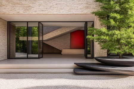 A striking modern entrance showcases clean lines and glass walls revealing a minimalist interior.の素材