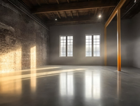 Warm sunlight filters through large windows illuminating the open space with polished concrete flooring and rustic brick walls.の素材