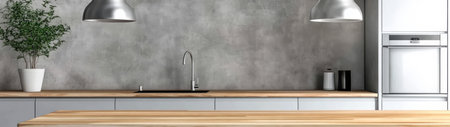 This contemporary kitchen showcases a sleek design with wood accents a stone wall and modern fixtures. Natural light enhances the minimalist aesthetic creating an inviting atmosphere for cooking.の素材