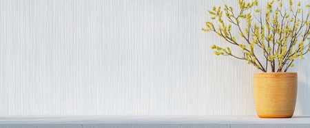 A vase filled with delicate yellow flowers sits on a minimalist white shelf. The background features a textured white wall creating a serene and stylish atmosphere in a contemporary space.の素材